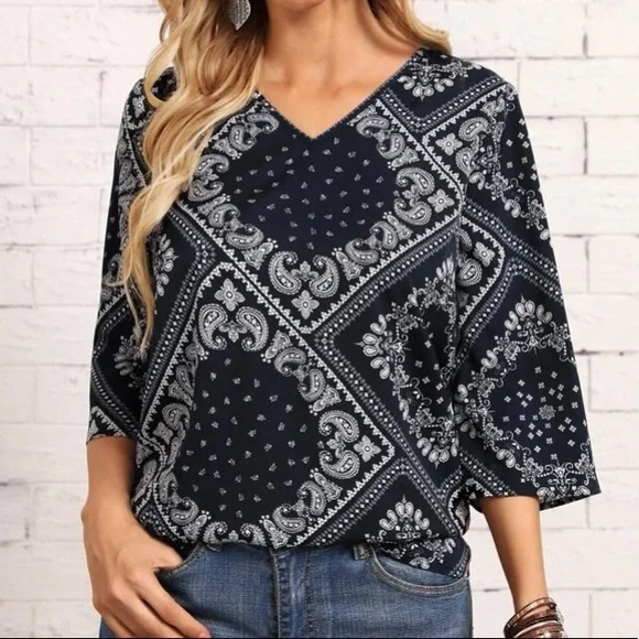 Emery Rose | Scarf & Paisley 3/4 Sleeve Blouse - Picture 4 of 9